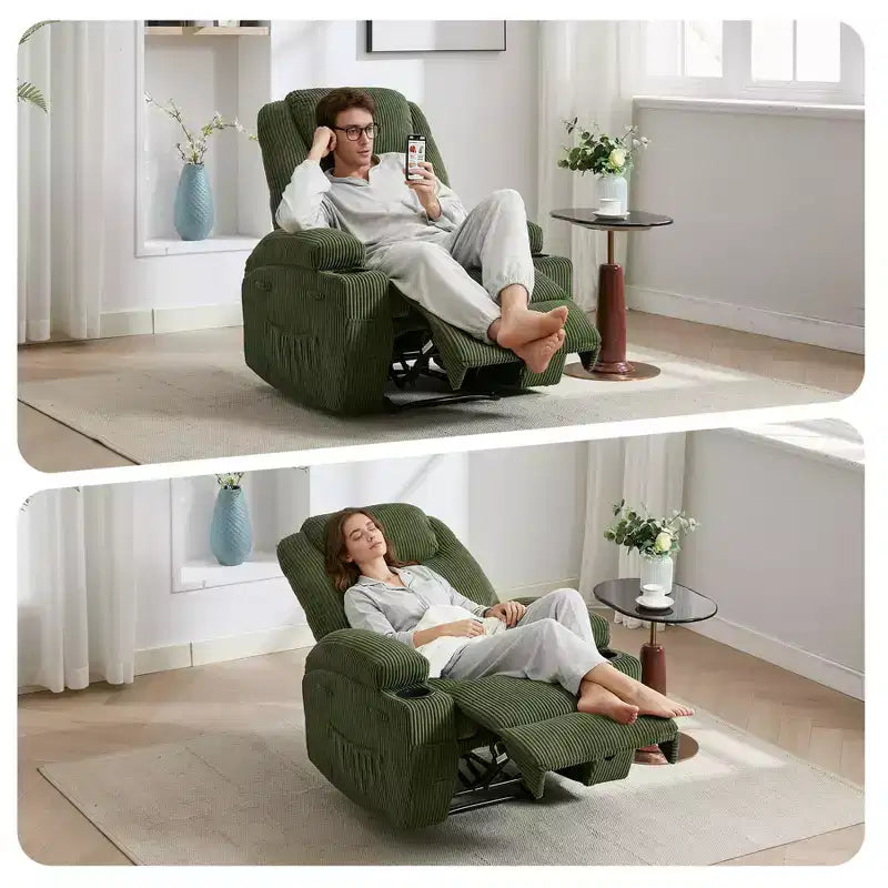 Power Recliner Chair with 8-Point Massage, USB Charging, Corduroy Fabric, Storage Pockets for Living Room