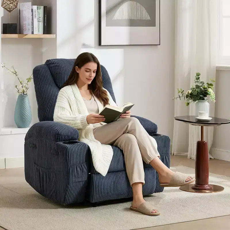 Power Recliner Chair with 8-Point Massage, USB Charging, Corduroy Fabric, Storage Pockets for Living Room
