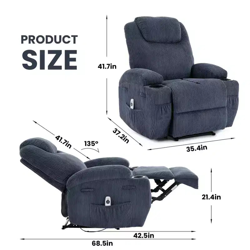Power Recliner Chair with 8-Point Massage, USB Charging, Corduroy Fabric, Storage Pockets for Living Room