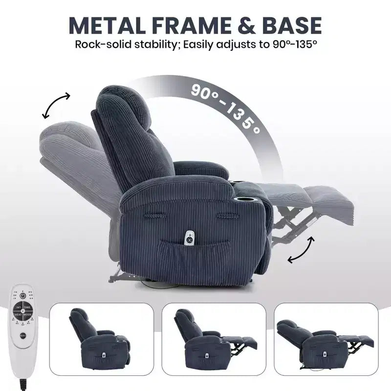 Power Recliner Chair with 8-Point Massage, USB Charging, Corduroy Fabric, Storage Pockets for Living Room
