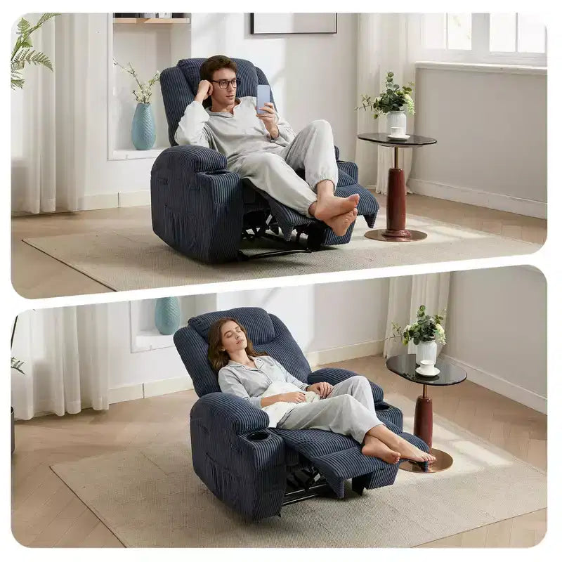 Power Recliner Chair with 8-Point Massage, USB Charging, Corduroy Fabric, Storage Pockets for Living Room