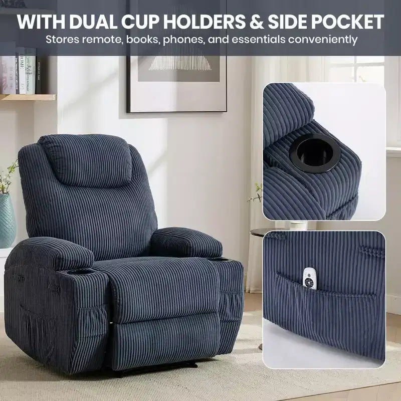 Power Recliner Chair with 8-Point Massage, USB Charging, Corduroy Fabric, Storage Pockets for Living Room
