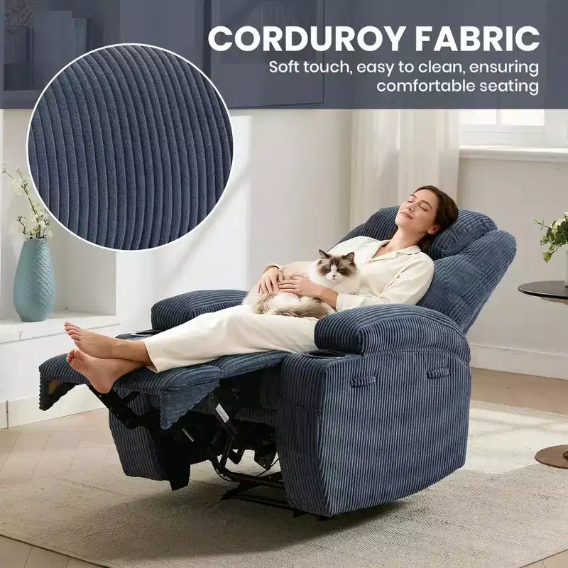 Power Recliner Chair with 8-Point Massage, USB Charging, Corduroy Fabric, Storage Pockets for Living Room
