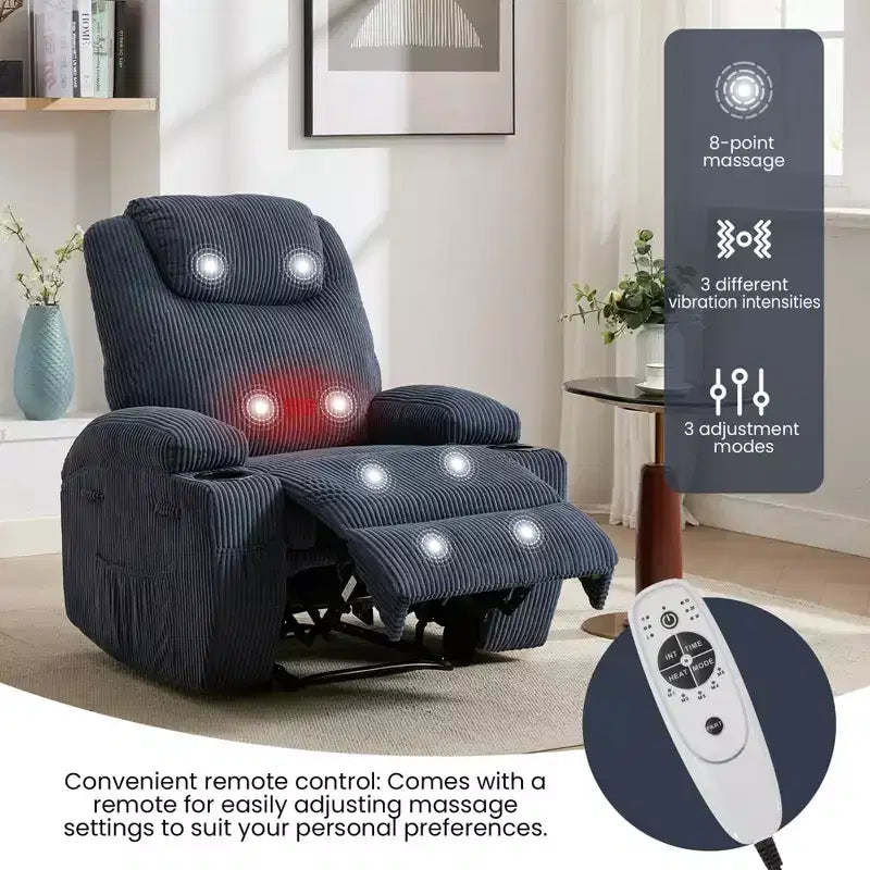 Power Recliner Chair with 8-Point Massage, USB Charging, Corduroy Fabric, Storage Pockets for Living Room