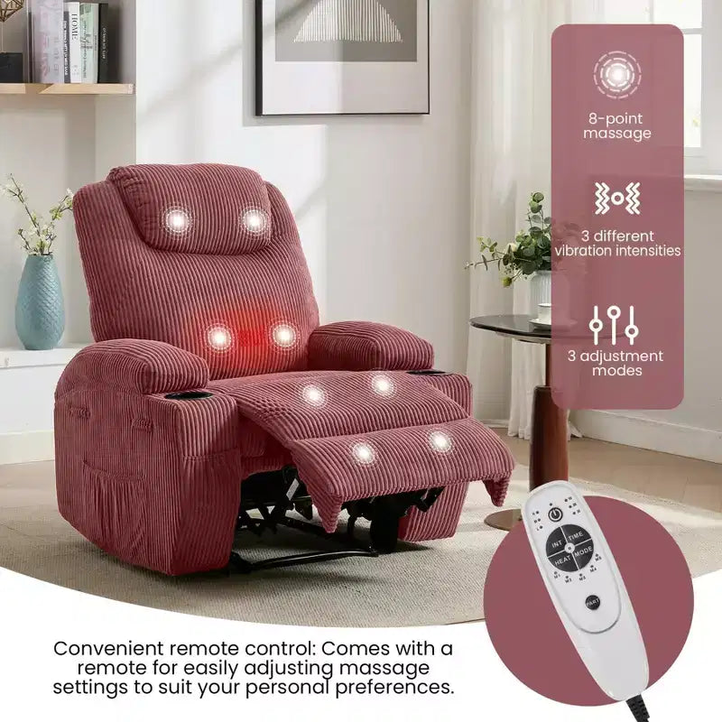 Elektrische Relaxstoel met 8-Punts Massage, USB Opladen, Corduroy Stof, Opbergvakken voor Woonkamer