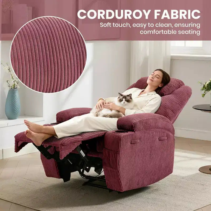 Power Recliner Chair with 8-Point Massage, USB Charging, Corduroy Fabric, Storage Pockets for Living Room