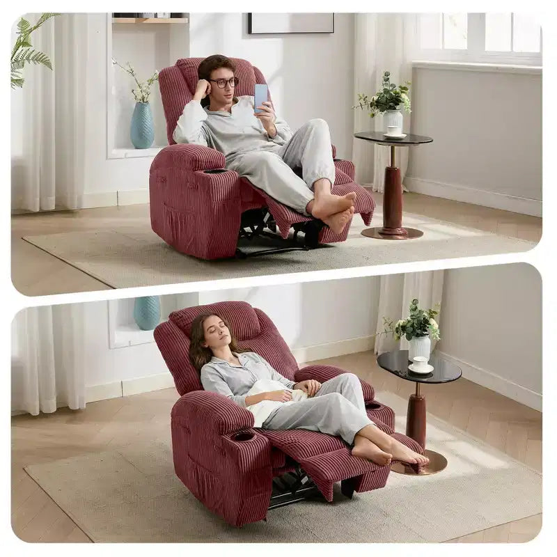 Power Recliner Chair with 8-Point Massage, USB Charging, Corduroy Fabric, Storage Pockets for Living Room