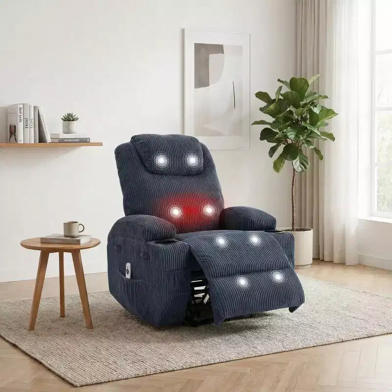 Elektrische Relaxstoel met 8-Punts Massage, USB Opladen, Corduroy Stof, Opbergvakken voor Woonkamer