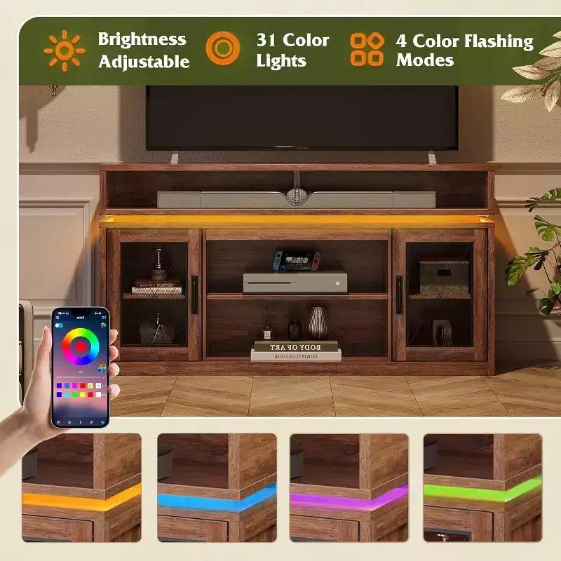 Boerenhuis TV-meubel met LED-verlichting voor 65" TV, Rustiek Entertainment Center met Opbergkasten