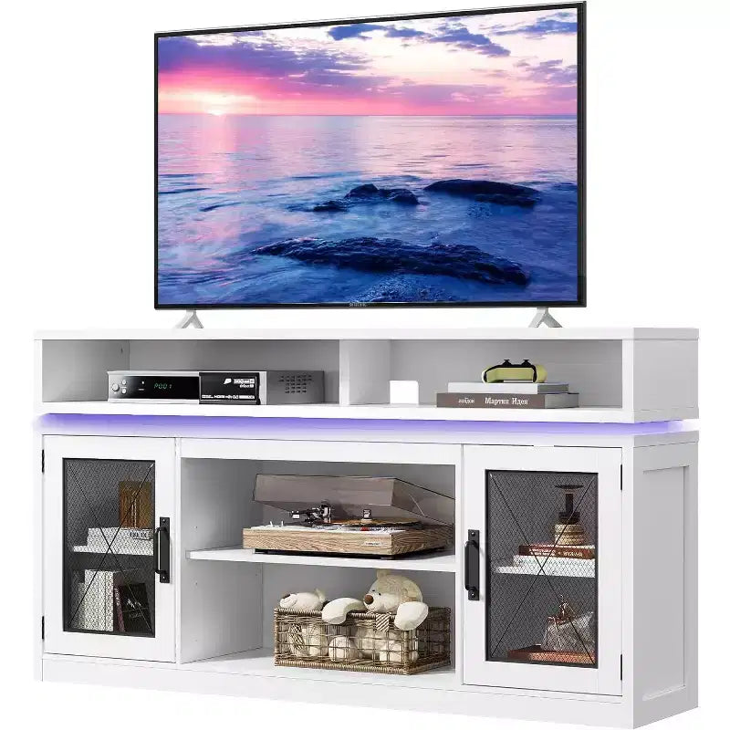 Boerenhuis TV-meubel met LED-verlichting voor 65" TV, Rustiek Entertainment Center met Opbergkasten