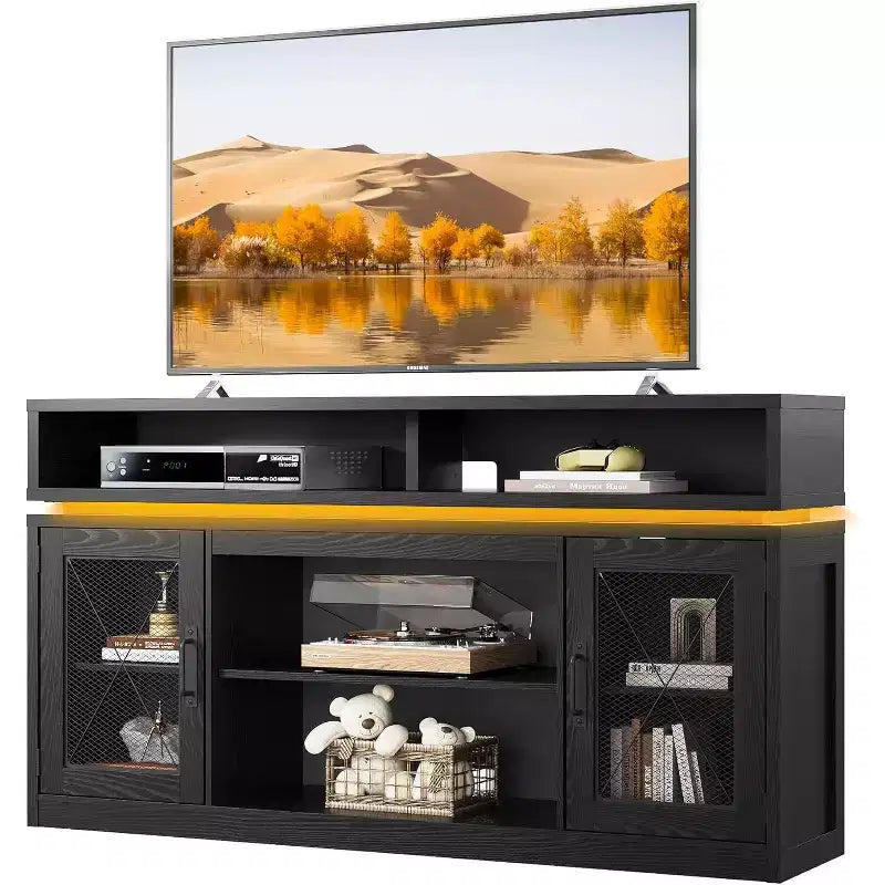 Boerenhuis TV-meubel met LED-verlichting voor 65" TV, Rustiek Entertainment Center met Opbergkasten