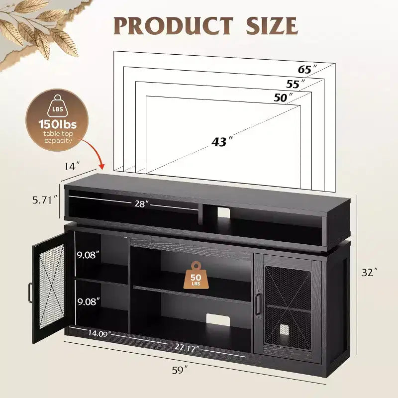 65" TV için LED Işıklı Çiftlik Evi TV Sehpası, Depolama Dolaplı Rustik Eğlence Merkezi