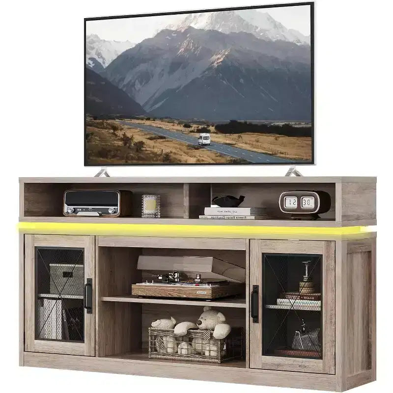 65" TV için LED Işıklı Çiftlik Evi TV Sehpası, Depolama Dolaplı Rustik Eğlence Merkezi