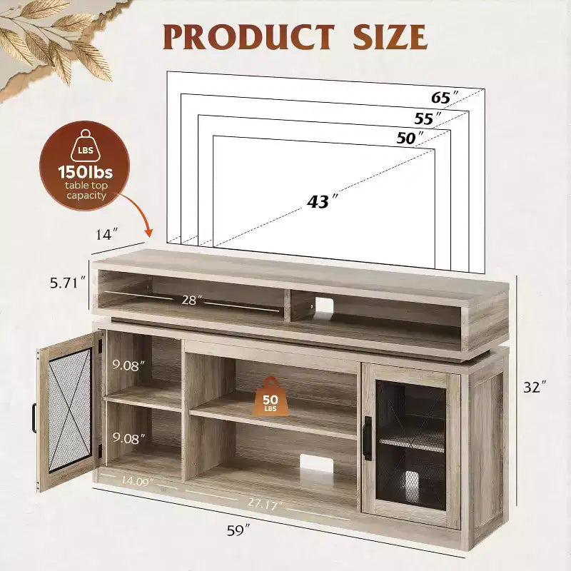 Boerenhuis TV-meubel met LED-verlichting voor 65" TV, Rustiek Entertainment Center met Opbergkasten