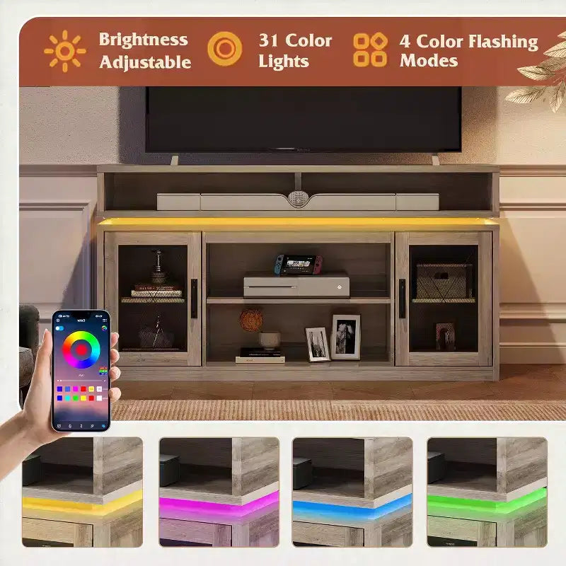 Boerenhuis TV-meubel met LED-verlichting voor 65" TV, Rustiek Entertainment Center met Opbergkasten