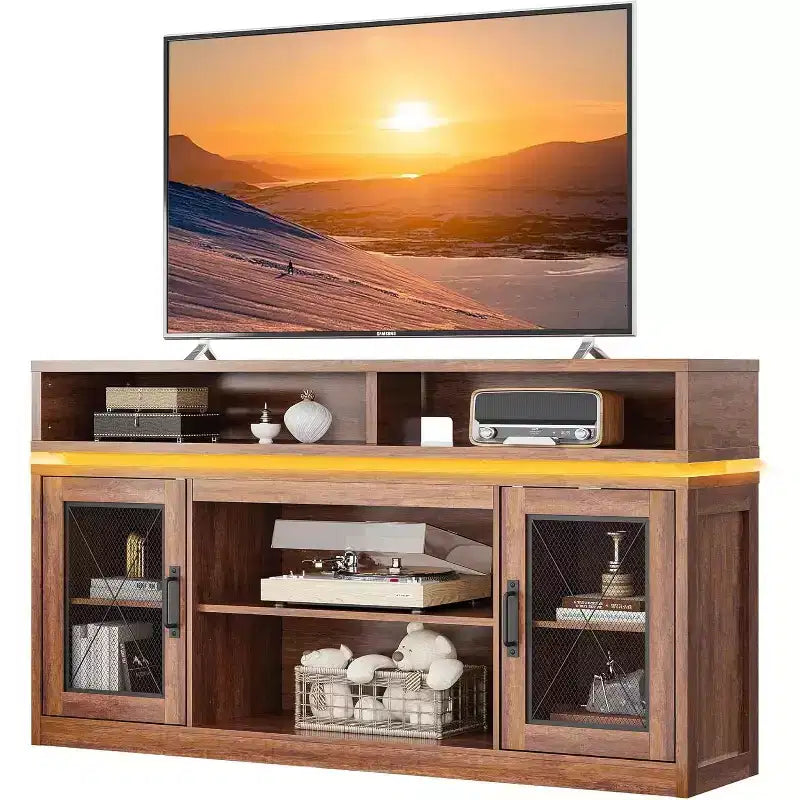 65" TV için LED Işıklı Çiftlik Evi TV Sehpası, Depolama Dolaplı Rustik Eğlence Merkezi