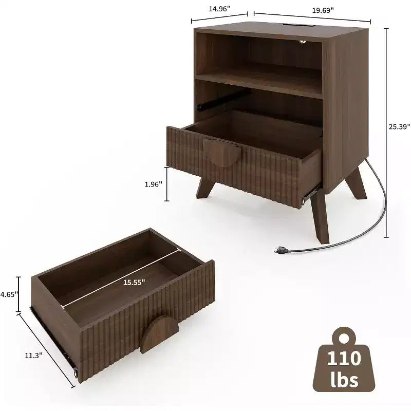 Moderne Geribbelde Nachtkast met Oplaadstation, Houten Bedtafel met Laden & Opbergplank