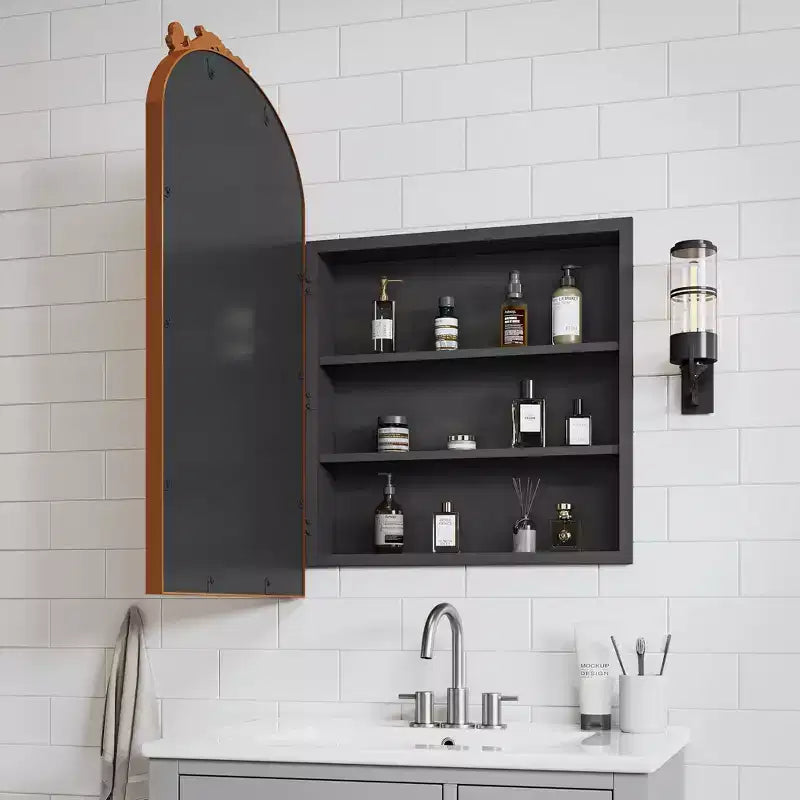 Vintage Badkamer Medicijnkast, Metalen Gesneden Wandspiegel met Opbergruimte, 30"x19,7", Goud