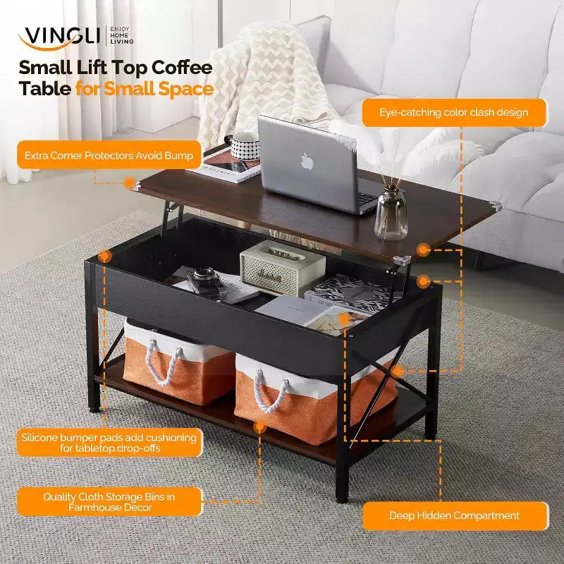 Salontafel met Hefblad en Stoffen Opbergmanden, Rustieke Boerenstijl, Espresso