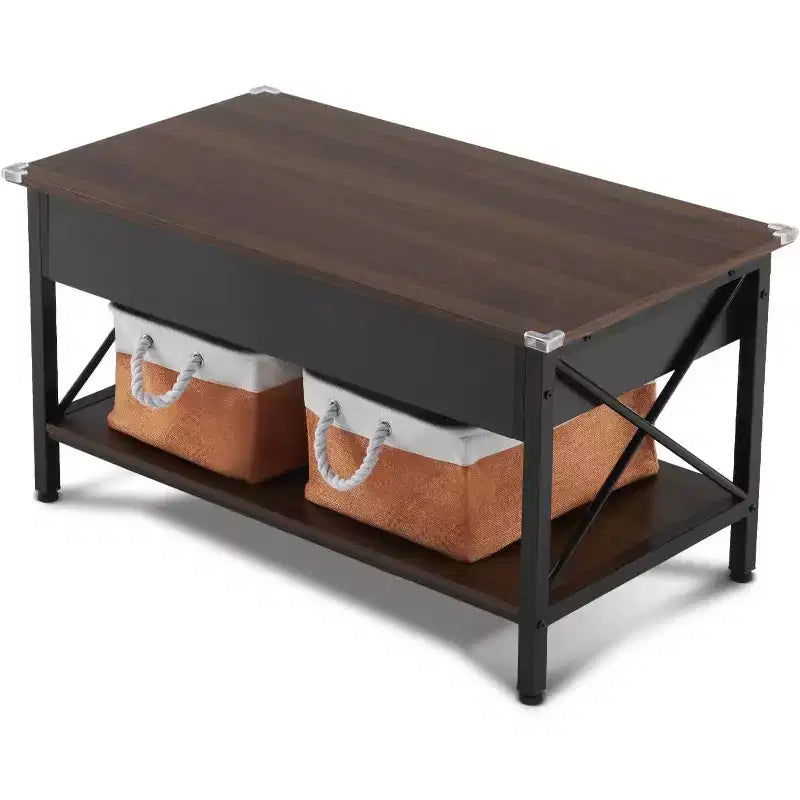 Salontafel met Hefblad en Stoffen Opbergmanden, Rustieke Boerenstijl, Espresso