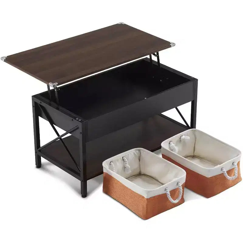 Salontafel met Hefblad en Stoffen Opbergmanden, Rustieke Boerenstijl, Espresso
