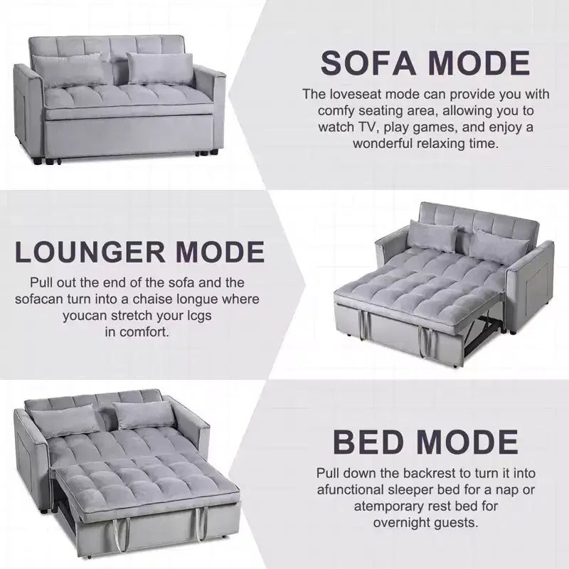 Verwandlungsfähiges ausziehbares Schlafsofa-Loveseat, Samt, verstellbare Rückenlehne mit Aufbewahrungstaschen, grau