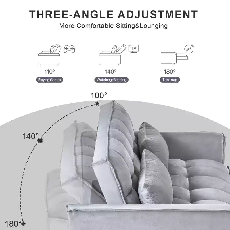 Verwandlungsfähiges ausziehbares Schlafsofa-Loveseat, Samt, verstellbare Rückenlehne mit Aufbewahrungstaschen, grau