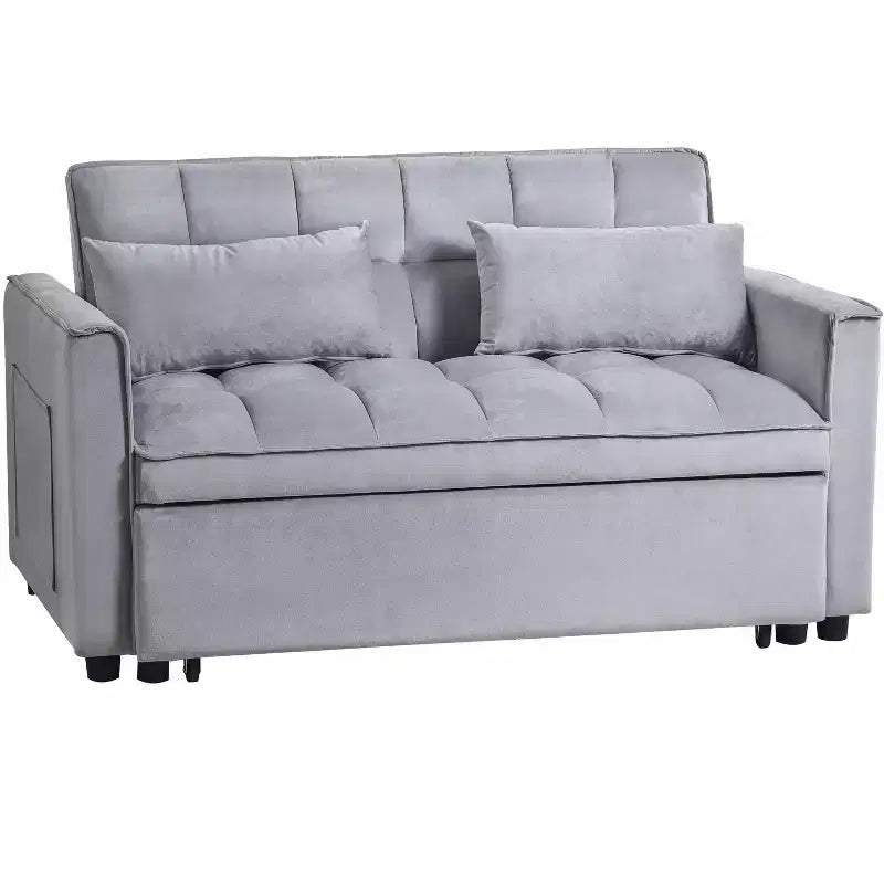 Verwandlungsfähiges ausziehbares Schlafsofa-Loveseat, Samt, verstellbare Rückenlehne mit Aufbewahrungstaschen, grau