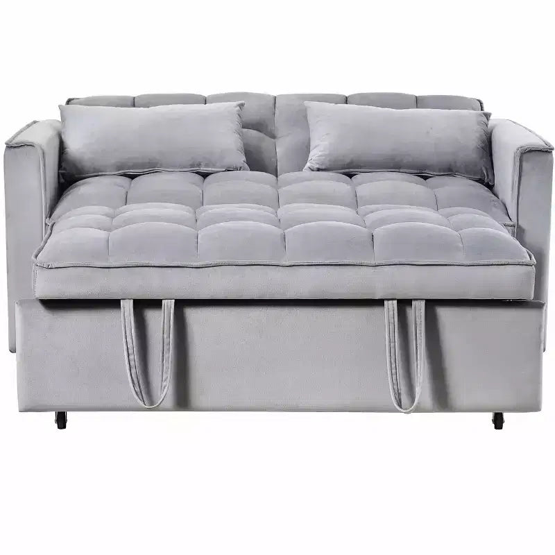 Verwandlungsfähiges ausziehbares Schlafsofa-Loveseat, Samt, verstellbare Rückenlehne mit Aufbewahrungstaschen, grau