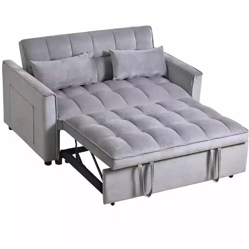 Verwandlungsfähiges ausziehbares Schlafsofa-Loveseat, Samt, verstellbare Rückenlehne mit Aufbewahrungstaschen, grau