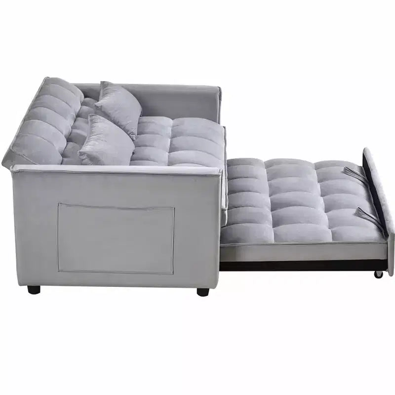 Verwandlungsfähiges ausziehbares Schlafsofa-Loveseat, Samt, verstellbare Rückenlehne mit Aufbewahrungstaschen, grau