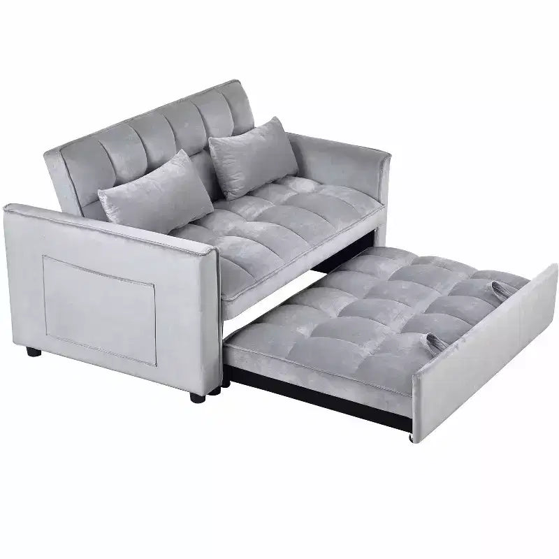 Verwandlungsfähiges ausziehbares Schlafsofa-Loveseat, Samt, verstellbare Rückenlehne mit Aufbewahrungstaschen, grau