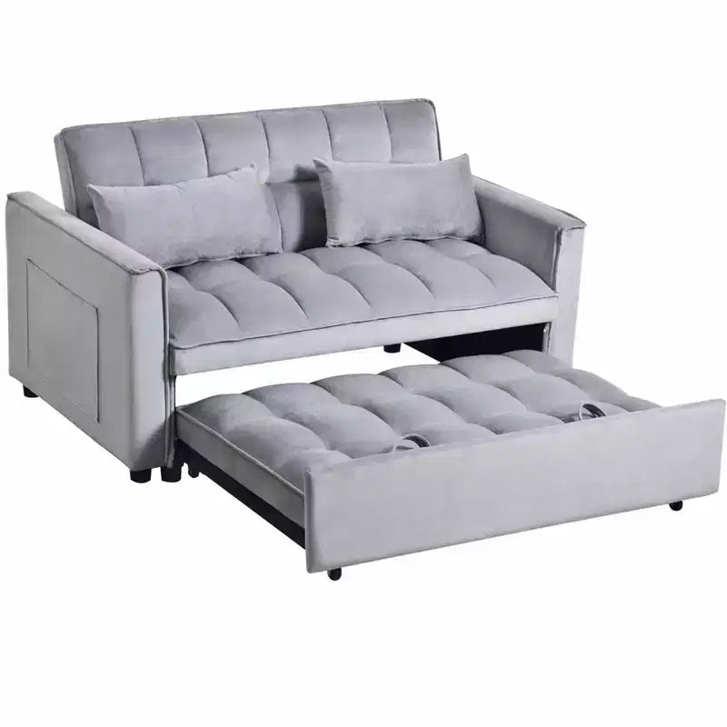 Verwandlungsfähiges ausziehbares Schlafsofa-Loveseat, Samt, verstellbare Rückenlehne mit Aufbewahrungstaschen, grau