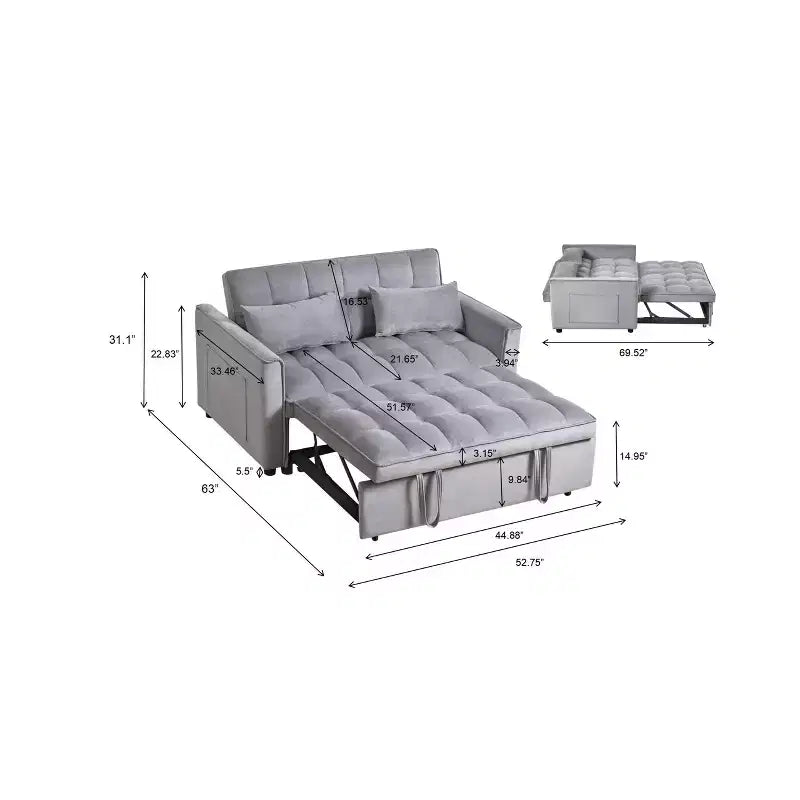 Verwandlungsfähiges ausziehbares Schlafsofa-Loveseat, Samt, verstellbare Rückenlehne mit Aufbewahrungstaschen, grau