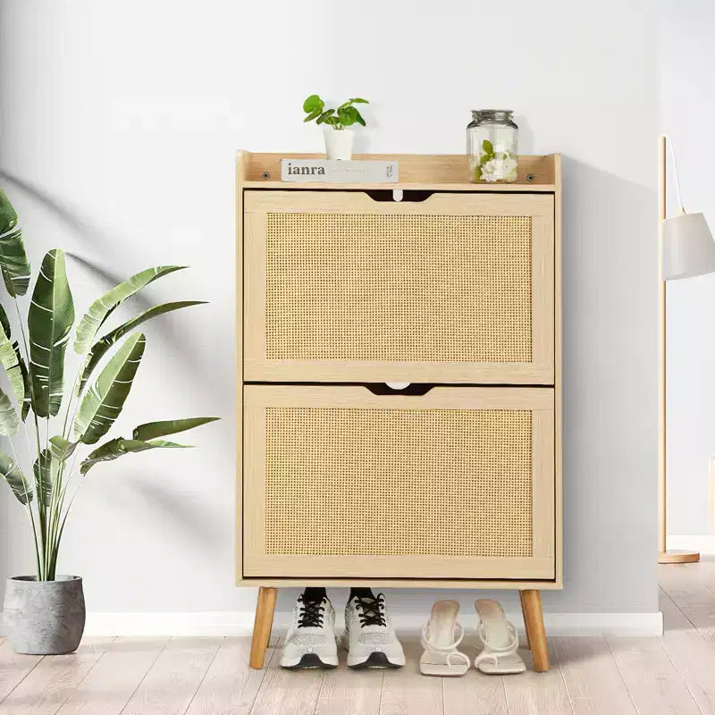 Versteckter Schuhschrank mit zwei klappbaren Korbschubladen, geeignet für Flure oder Korridore, Platz für 12-15 Paar Schuhe