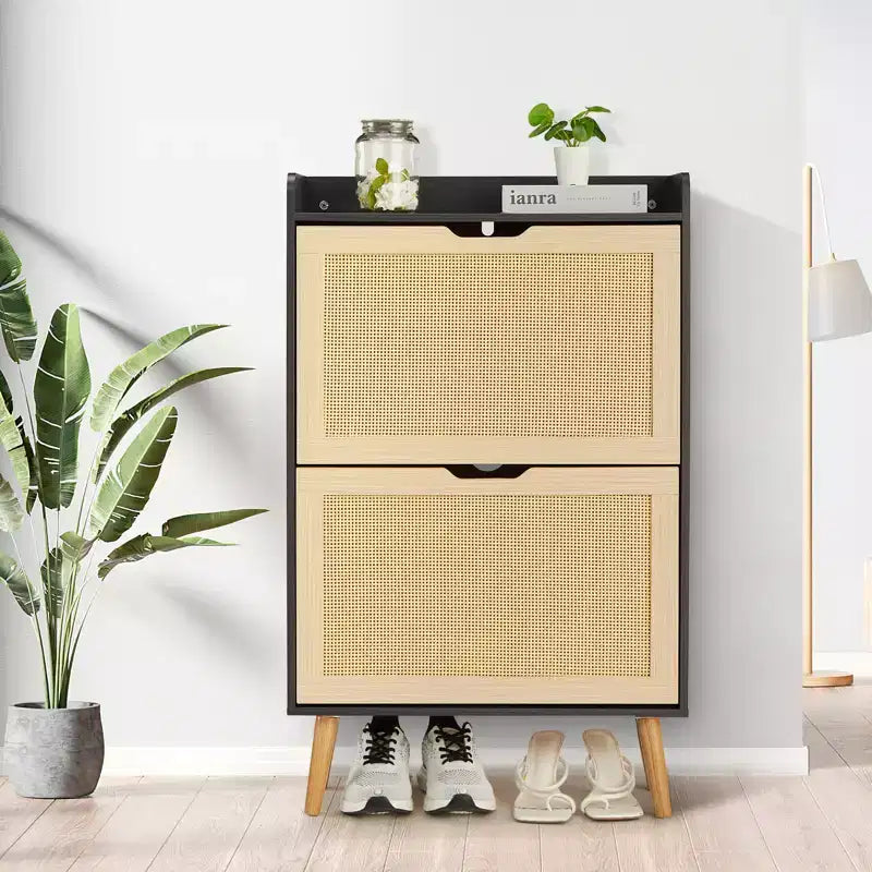 Versteckter Schuhschrank mit zwei klappbaren Korbschubladen, geeignet für Flure oder Korridore, Platz für 12-15 Paar Schuhe