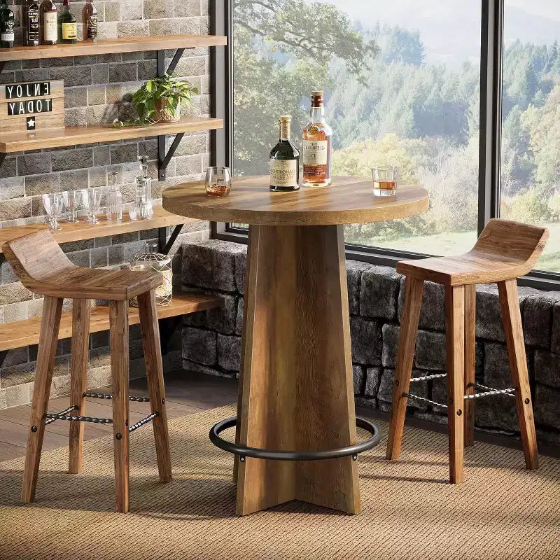 Ronde Bartafel, 37,4" Houten Bistro Pub Tafel met Kruisbasis en Metalen Ring Voetsteun voor Café & Thuis