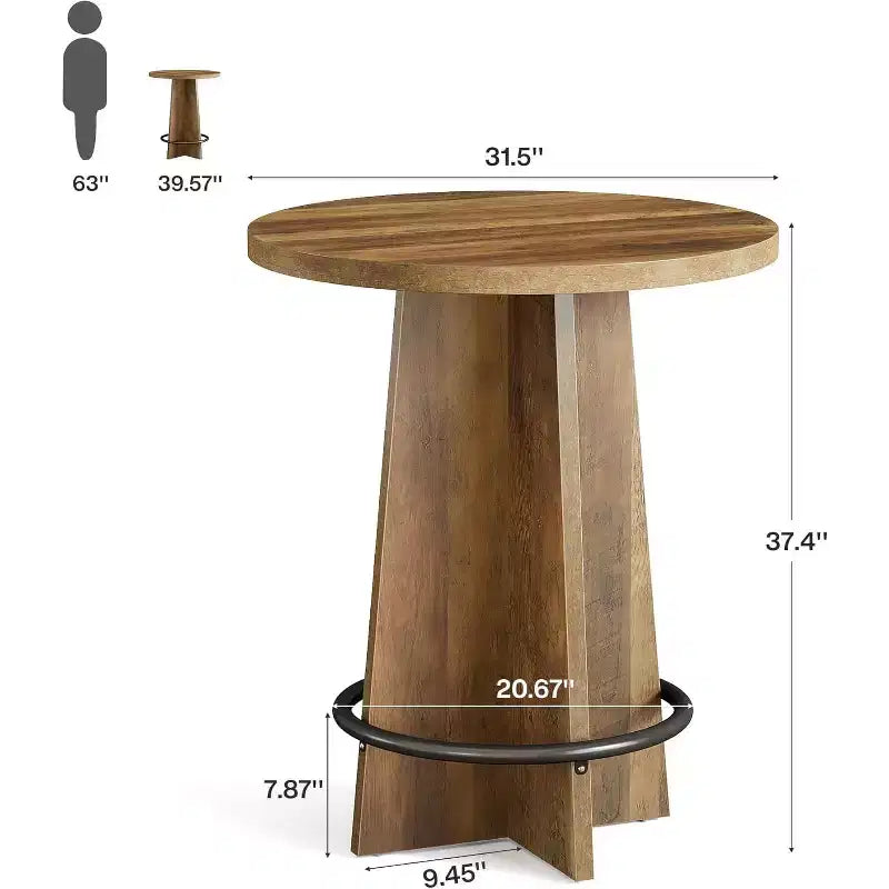 Ronde Bartafel, 37,4" Houten Bistro Pub Tafel met Kruisbasis en Metalen Ring Voetsteun voor Café & Thuis