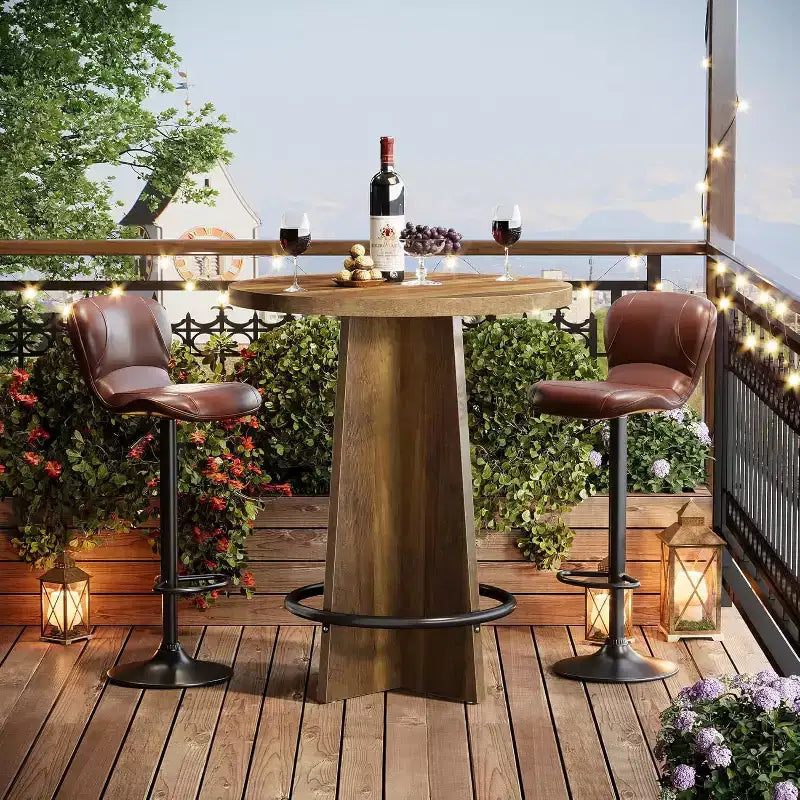 Round Bar Table, 37.4" Wooden Bistro Pub Table with Cross Base and Metal Ring Footrest for Cafe & Home