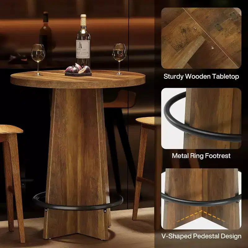 Round Bar Table, 37.4" Wooden Bistro Pub Table with Cross Base and Metal Ring Footrest for Cafe & Home