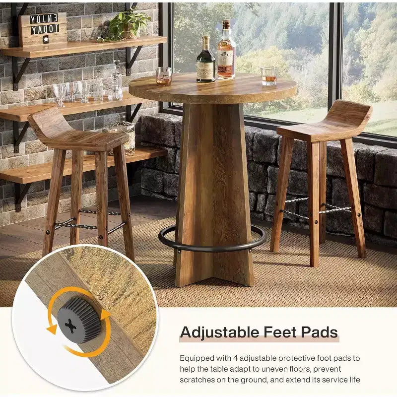 Round Bar Table, 37.4" Wooden Bistro Pub Table with Cross Base and Metal Ring Footrest for Cafe & Home