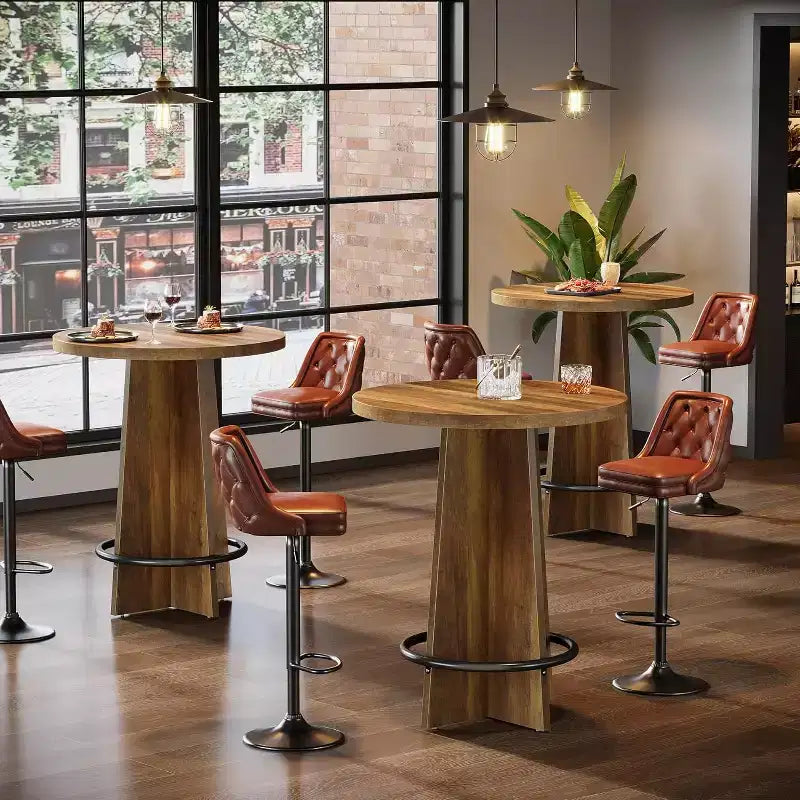 Round Bar Table, 37.4" Wooden Bistro Pub Table with Cross Base and Metal Ring Footrest for Cafe & Home