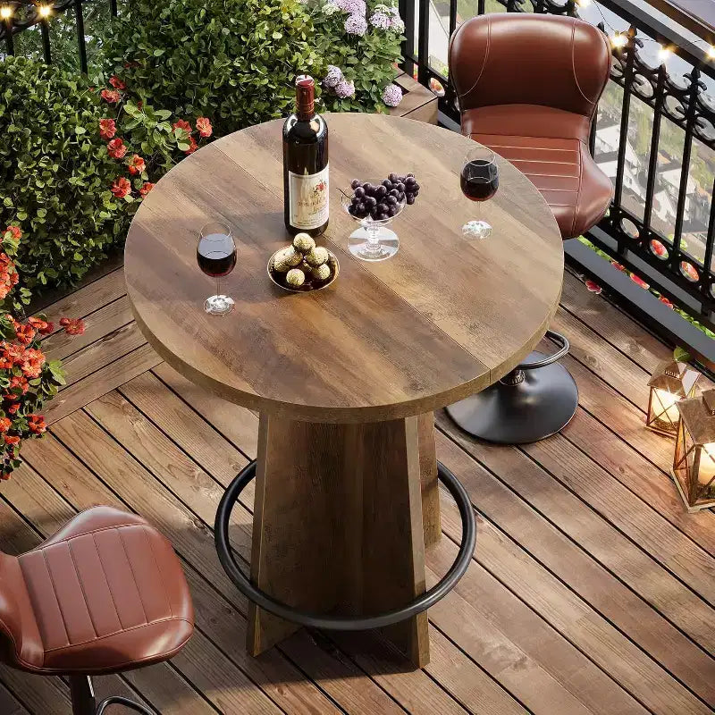 Round Bar Table, 37.4" Wooden Bistro Pub Table with Cross Base and Metal Ring Footrest for Cafe & Home
