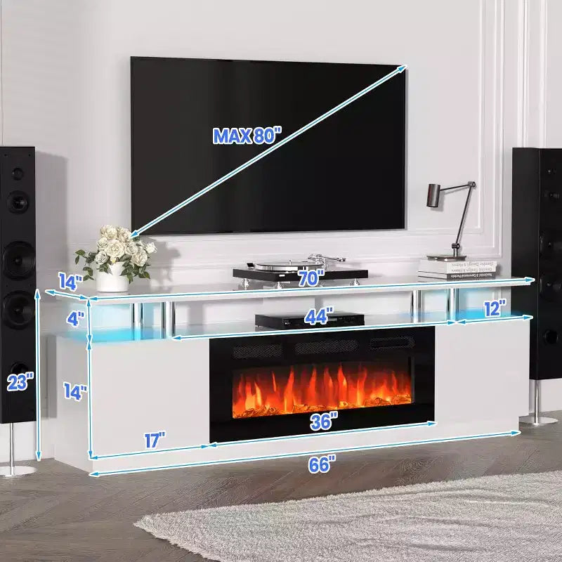 70" Şömine TV Sehpası, 36" Elektrikli Şömine ve LED Işık, Elektrikli Şömine Isıtıcı, Depolama Dolabı, Oturma Odası için Medya Konsol Masası