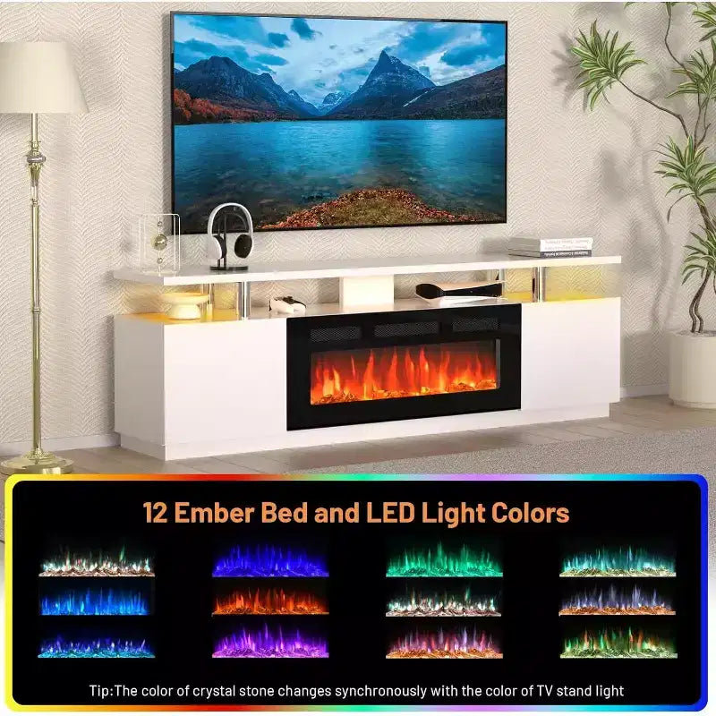 Mueble para TV de 70" con chimenea eléctrica de 36" y luz LED, calefactor de chimenea eléctrica, armario de almacenamiento, mesa consola multimedia para sala de estar