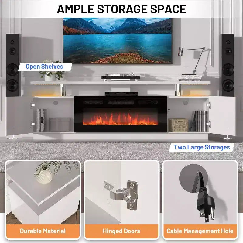 Mueble para TV de 70" con chimenea eléctrica de 36" y luz LED, calefactor de chimenea eléctrica, armario de almacenamiento, mesa consola multimedia para sala de estar