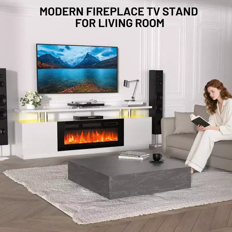 Mueble para TV de 70" con chimenea eléctrica de 36" y luz LED, calefactor de chimenea eléctrica, armario de almacenamiento, mesa consola multimedia para sala de estar