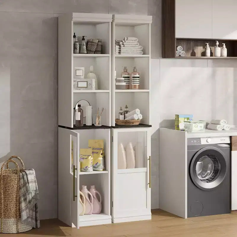 Kapaklı ve Açık Raflı İnce Banyo Dolabı, Kompakt Alanlar için İdeal. Bu uzun, dar ayakta duran dolap mutfaklar için uygundur