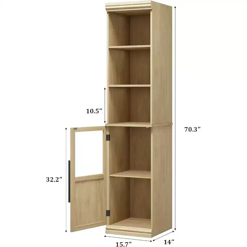 Mobile bagno slim con ante e ripiani aperti, ideale per spazi compatti. Questo mobile alto e stretto da terra è adatto anche per cucine
