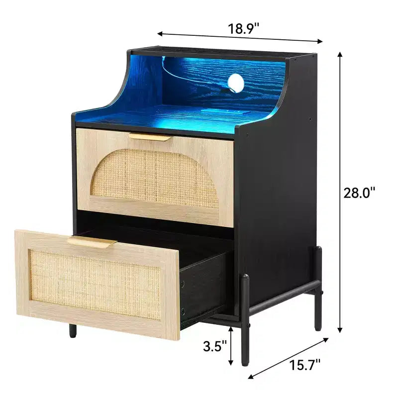 2er-Set Nachttisch aus Holz und Rattan - Beistelltisch mit Ladestation, LED-Lichtern, USB-Anschlüssen & Steckdosen, modern für Schlafzimmer, Wohnzimmer